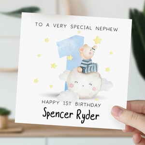 Carte 1er anniversaire pour fils, petit-fils, neveu, frère | Carte de premier anniversaire pour bébé garçon | Carte personnalisée 1er, 2e, 3e ours en peluche endormi