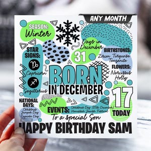 Carte d'anniversaire pour garçon | carte postale pour 17 ans | N'importe quel mois | Carte d'informations sur le zodiaque pour enfants | Carte pour fils, petit-fils, neveu, frère