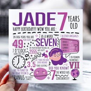 Carte d'anniversaire personnalisée pour fille | Carte d'anniversaire pour fille, nièce, soeur, petite-fille | Carte de 7 ans | Carte d'anecdotes