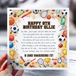 8e anniversaire pour garçon sportif | Carte poème drôle pour fils, petit-fils, neveu | Carte d'anniversaire personnalisée pour enfants | Thème sportif de football