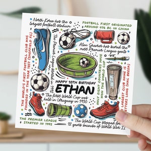 carte d'anniversaire de 10 ans | Carte d'informations sur le football pour fils, petit-fils, neveu, filleul, petit garçon | Cadeau de football pour enfants | Carte 10e anniversaire