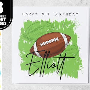 8e anniversaire sur le thème du sport | Carte de rugby/football américain de 8 ans personnalisée pour fils, petit-fils | Carte de huitième anniversaire pour amateur de sport