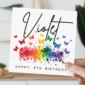 Carte personnalisée papillon arc-en-ciel de 9 ans | 9e anniversaire avec prénom | Carte de voeux pour fille, petite-fille, nièce, fille