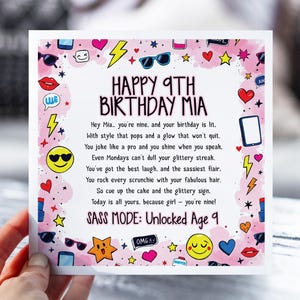 9e carte d'anniversaire pour fille impertinente | Carte poème drôle pour fille, petite-fille, nièce | Carte d'anniversaire personnalisée Kids Attitude pour 9 ans