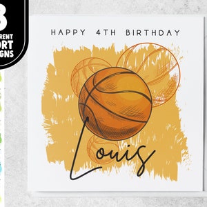 4e anniversaire sur le thème du sport | Carte de basket-ball de 4 ans personnalisée pour fils, petit-fils, frère | Carte d'anniversaire pour amateur de sport