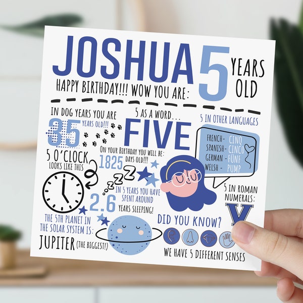 Personalised 5th Birthday Card For Boy | 5th Birthday Card For Son, Nephew, Brother, Grandson | 5 Year Old Children's Card | Fun Fact Card