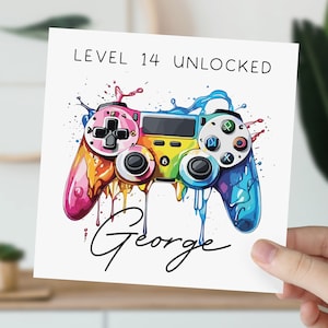 Carte d'anniversaire de jeu de 14 ans | Carte de voeux déverrouillée | Carte PS5 pour elle et lui | Cadeau pour joueur de tout âge pour fils, fille, petit-fils