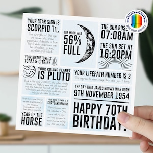 Carte 70e anniversaire pour lui, hommes, papa, grand-père, oncle | Carte d'information sur l'astrologie lunaire | de signe astrologique personnalisée | Carte d'anniversaire jalon