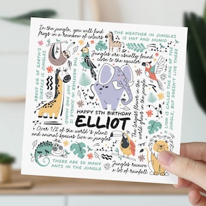 carte d'anniversaire de 5 ans | Carte d'informations sur les animaux de la jungle pour fils, petit-fils, neveu, filleul, petit garçon | Cadeau animal pour enfants | Carte 5e anniversaire