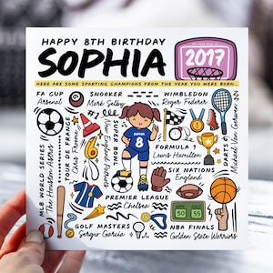 d'anniversaire personnalisée pour fille | Carte d'informations sur le sport pour fille, nièce, petite-fille | Carte pour enfants de 8 ans | Carte d'anecdotes