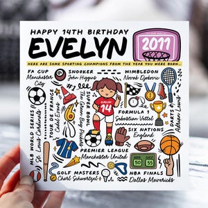 Carte d'anniversaire personnalisée pour fille | Carte d'informations sur le sport pour fille, nièce, petite-fille | Carte pour enfants de 14 ans | Carte d'anecdotes