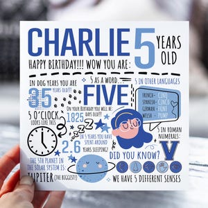 Carte d'anniversaire personnalisée pour garçon | 5e anniversaire pour fils, neveu, frère, petit-fils | Carte pour enfant de 5 ans | Carte d'anecdotes