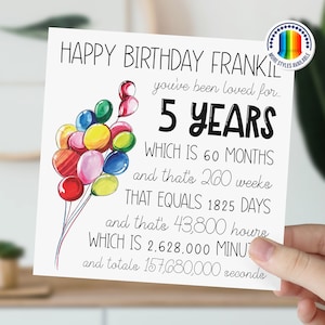 Carte personnalisée pour 5e anniversaire | Ballon de 5 ans | Carte Joyeux 5e anniversaire pour garçon, fille | Fils, fille, petit-fils, petite-fille