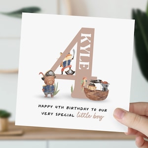 4e anniversaire pour petit garçon, fils, neveu, petit-fils, filleul | Carte mignonne de pirate | Carte personnalisée animal de quatre ans pour enfant, lui