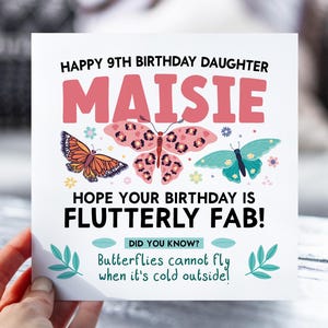 Carte 9e anniversaire pour filles | Carte d'anniversaire papillon pour fille, petite-fille, nièce, soeur | Carte animalière mignonne d'information | Carte de 9 ans