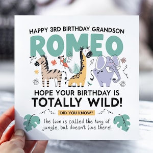 3e anniversaire, thème de la jungle | Carte animaux de safari pour fils, fille, petit-fils, nièce, neveu | Carte d'information sur la jungle amusante | Carte de 3 ans