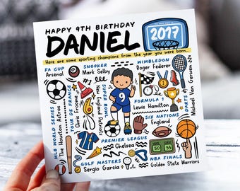 Personalised 9th Birthday Card For Boy | Sport Facts Card For Son, Nephew, Brother, Grandson | Football, Golf, Darts Facts | Born in 2017