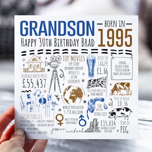 30e carte d'anniversaire pour petit-fils | Né en 1995 Fiche d'information pour petit-fils | 30e petit-fils | Carte de 30 ans pour lui | 30e cadeau petit-fils