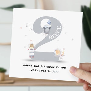 2e anniversaire pour petit garçon, fils, neveu, petit-fils, filleul | Carte mignonne d'astronaute | Carte personnalisée animal de deux ans pour enfant, lui
