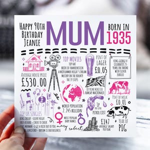 90e anniversaire pour maman, maman, maman | Fiche d'information née en 1935 pour maman | 90e carte pour maman | Carte de 90 ans pour elle, maman | 90e cadeau
