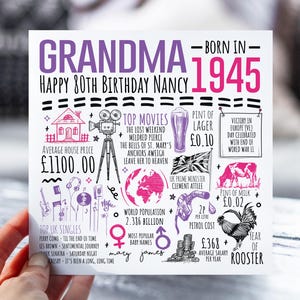 80e anniversaire pour grand-mère, grand-mère, grand-mère | Fiche d'information de Nan, née en 1945 | 80e carte pour Nanna | Carte de 80 ans pour elle | 80e cadeau