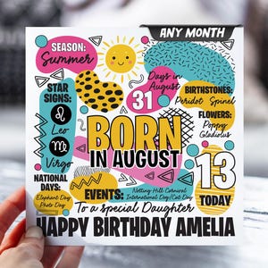 13e anniversaire pour fille | carte postale pour 13 ans | N'importe quel mois | Carte d'informations sur le zodiaque pour enfants | Carte pour fille, petite-fille, nièce