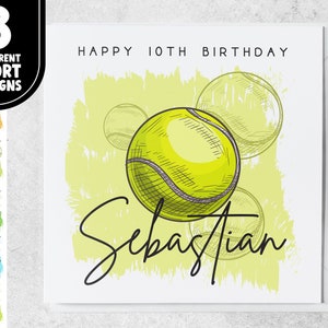10e anniversaire sur le thème du sport | Carte de tennis personnalisée de 10 ans pour fils, petit-fils, neveu, cousin | Carte dixième anniversaire pour amateur de sport
