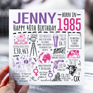 carte personnalisée pour 40e anniversaire | Né en 1985 Les faits | Carte de voeux d'étape pour elle | Carte pour fille, femme, maman, partenaire, petite amie