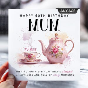 d'anniversaire personnalisée en forme de théière | Tout âge et tout nom | pour maman, grand-mère, tante, amie | Cadeau floral pour amateurs de thé | Carte d'anniversaire faite main