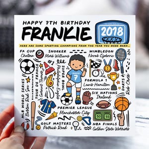 Carte d'anniversaire personnalisée pour garçon | Carte d'infos sportives pour fils, neveu, frère, petit-fils | Carte pour enfants de 7 ans | Carte d'anecdotes
