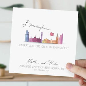 Carte de fiançailles de Birmingham | Engagé dans la ligne d'horizon du Royaume-Uni | Félicitations pour vos fiançailles | Cadeau pour couple | Carte de mariage aquarelle britannique