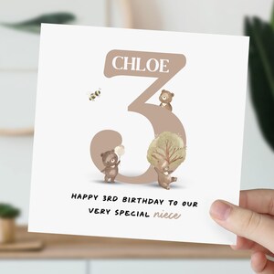 3rd Birthday Card For Little Girl, Daughter, Niece, Granddaughter | Cute Brown Bear Card | Personalised Three Year Old Animal Card For Her