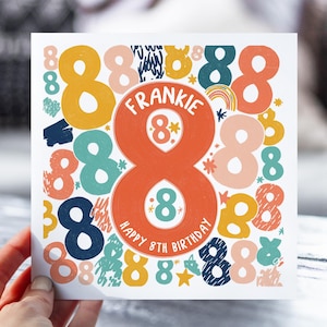 Carte personnalisée pour le 8e anniversaire | Carte à numéros pour garçons, filles, fils, fille, petit-fils, petite-fille, nièce, neveu | Carte avec nom personnalisé pour 8 ans