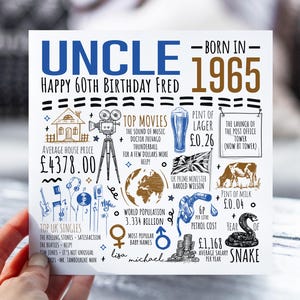 Carte du 60e anniversaire de mon oncle | Né en 1965 Fiche d'information pour oncle | Oncle 60e carte | Carte de 60 ans pour lui | 60e cadeau pour oncle