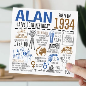 Personalised 90th Birthday Card | Born in 1934 Facts | Milestone Greetings Card For Him | For Husband, Great Grandad, Father, Uncle, Dad,