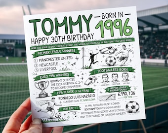 Personalised 30th Football Birthday Card | Born in 1996 Footie Facts | Soccer Card For Him | For Son, Nephew, Grandson, Brother, Husband