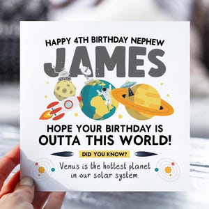 4th Birthday Card Space Theme | Rocket Card for Son, Daughter, Grandson, Niece, Nephew | Fun Outer Space Fact Name Card | 4 Year Old Gift