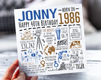 Personalised 40th Birthday Card | Born in 1986 Facts | Milestone Greetings Card For Him | For Husband, Boyfriend, Partner, Son, Uncle, Dad