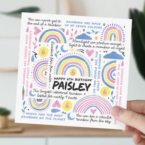 carte d'anniversaire de 6 ans | Carte d'informations sur l'arc-en-ciel pour fille, petite-fille, nièce, petite fille | Cadeau arc-en-ciel coloré pour enfants | 6e anniversaire