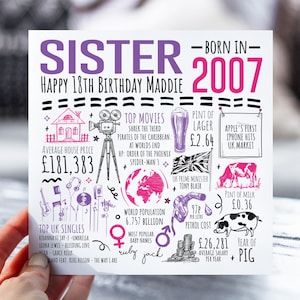 18e carte d'anniversaire pour soeur | Né en 2007 Fiche d'information pour Sis, Sister | Soeur 18e carte | Carte de 18 ans pour elle | 18e cadeau pour soeur