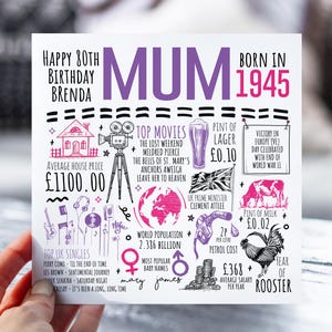 80e anniversaire pour maman, maman, maman | Fiche d'information née en 1945 pour maman | 80e carte pour maman | Carte de 80 ans pour elle, maman | 80e cadeau