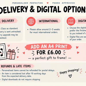 May include: An informational graphic titled DELIVERY & DIGITAL OPTIONS with sections for UK delivery, international shipping, and digital versions. It features a panda illustration, pink hearts, and text offering an A4 print for &pound;6.00, plus refund policies.