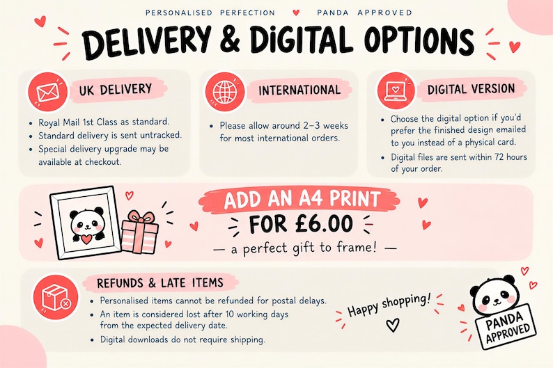 May include: An informational graphic titled DELIVERY & DIGITAL OPTIONS with sections for UK delivery, international shipping, and digital versions. It features a panda illustration, pink hearts, and text offering an A4 print for &pound;6.00, plus refund policies.
