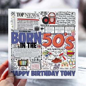 d'anniversaire né dans les années 50 | Carte des années 50 pour papa, grand-père, mari | Carte d'anniversaire rétro nostalgie pour lui, oncle | Carte d'information sur la décennie amusante