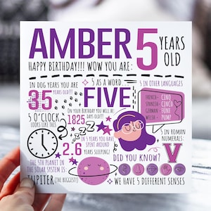 Carte d'anniversaire personnalisée pour fille | Carte pour 5e anniversaire pour fille, nièce, soeur, petite-fille | Carte de 5 ans | Carte d'anecdotes