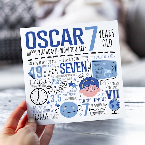 Personalised 7th Birthday Card For Boy | 7th Birthday Card For Son, Nephew, Brother, Grandson | 7 Year Old Children's Card | Fun Fact Card
