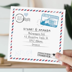 Carte de fiançailles personnalisée de la Grèce | Cadeau pour couple | Fiancées Santorin | Félicitations pour votre carte de fiançailles | Timbre de voyage vintage