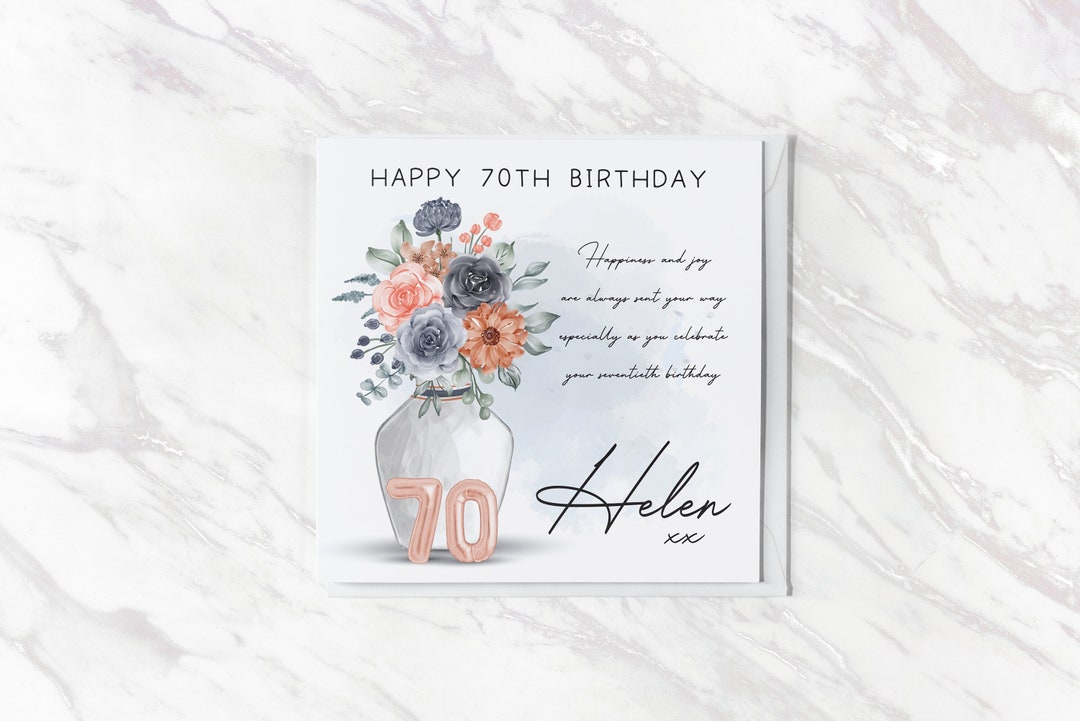 70th Birthday Card Personalised Blue Floral Balloon Card - Etsy