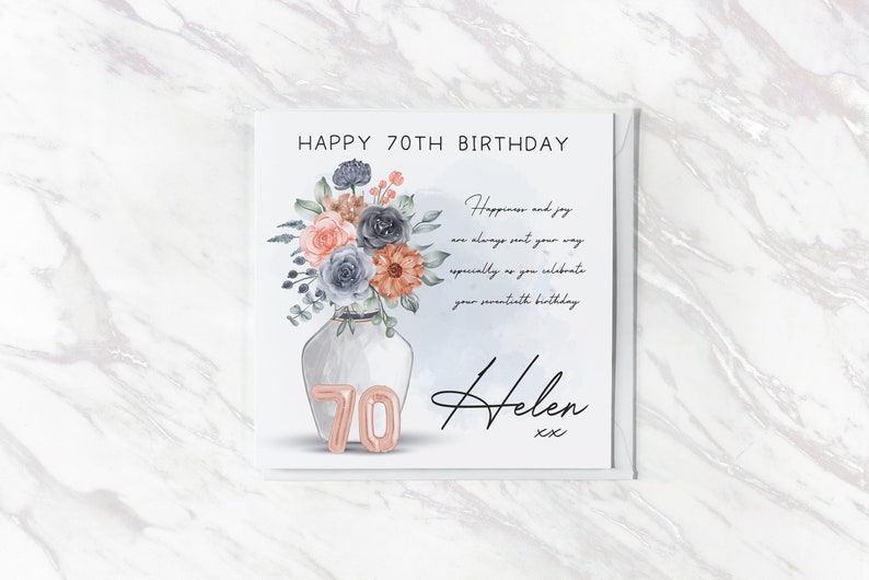 70th Birthday Card Personalised Blue Floral Balloon Card - Etsy