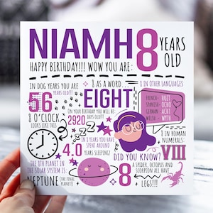d'anniversaire personnalisée pour fille | Carte d'anniversaire pour fille, nièce, soeur, petite-fille | Carte de 8 ans | Carte d'anecdotes